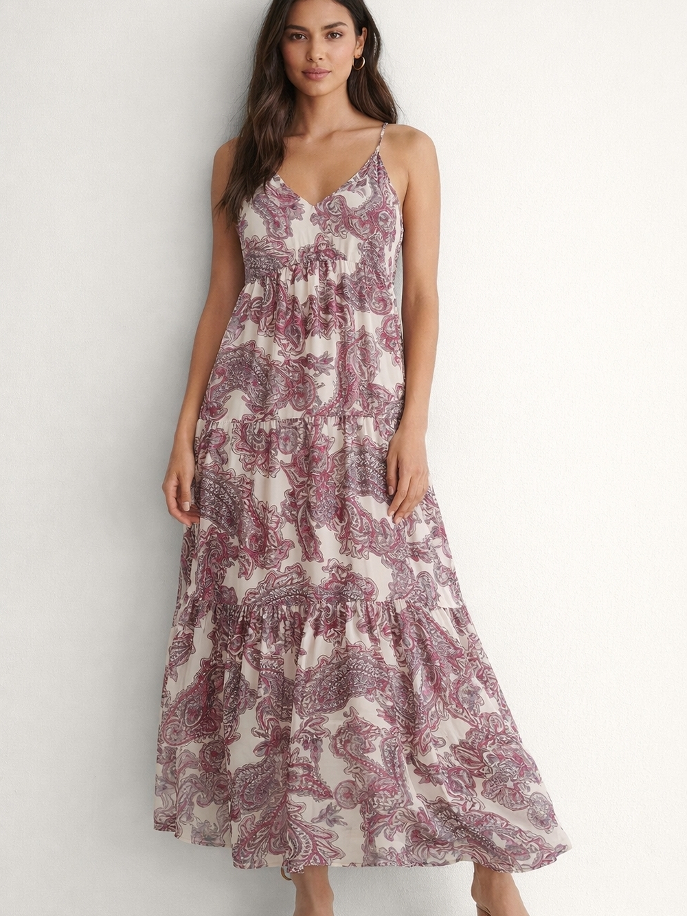 Express Pink Paisley Tiered Maxi Dress Spaghetti Strap Size S